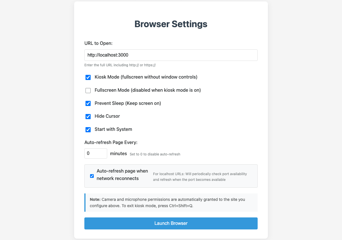 Jumpstart Browser Settings UI configuring kiosk mode, sleep prevention, cursor hiding, and network auto-refresh