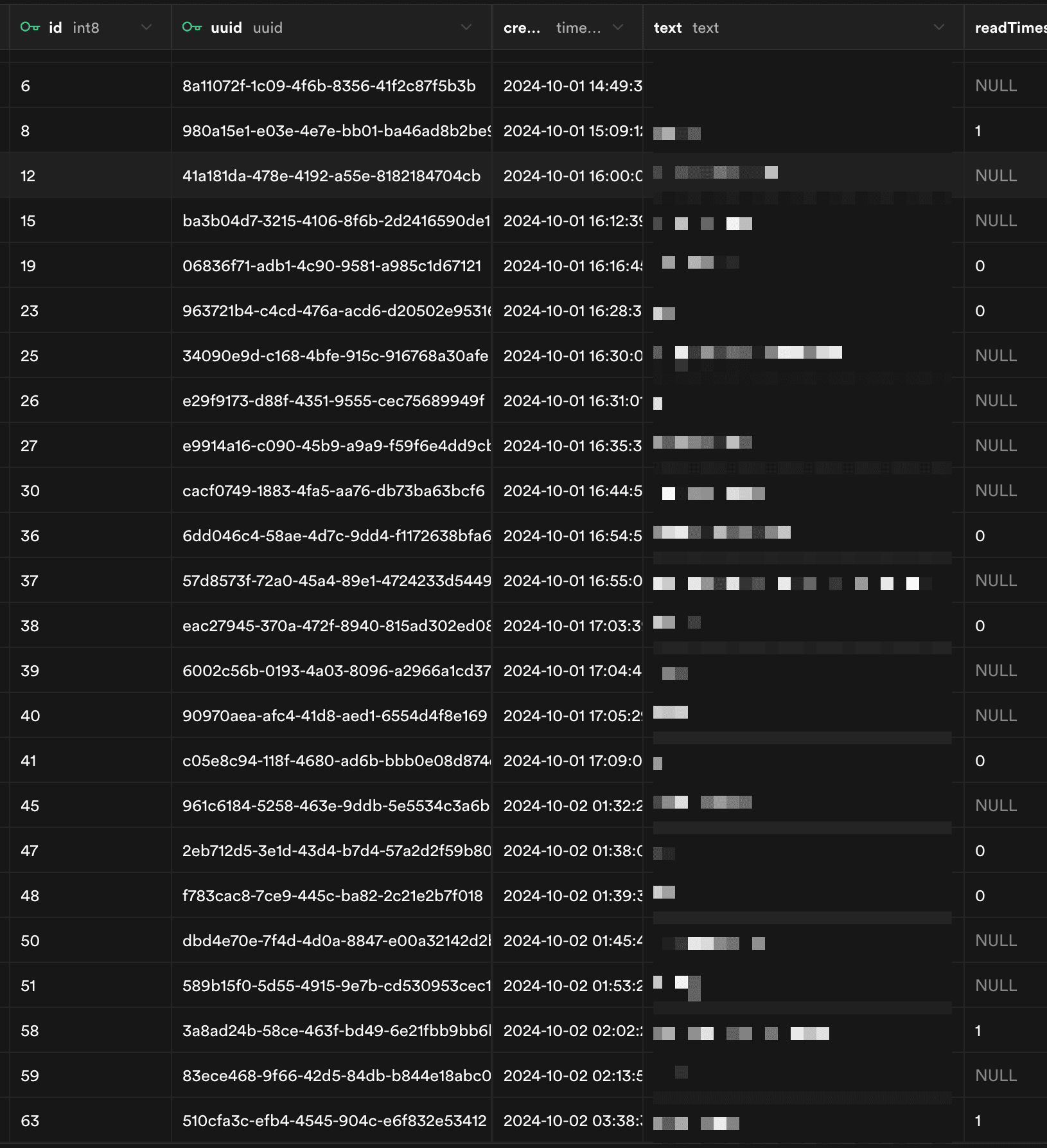 Supabase notes table tracking UUIDs, timestamps, and remaining readTimes counters