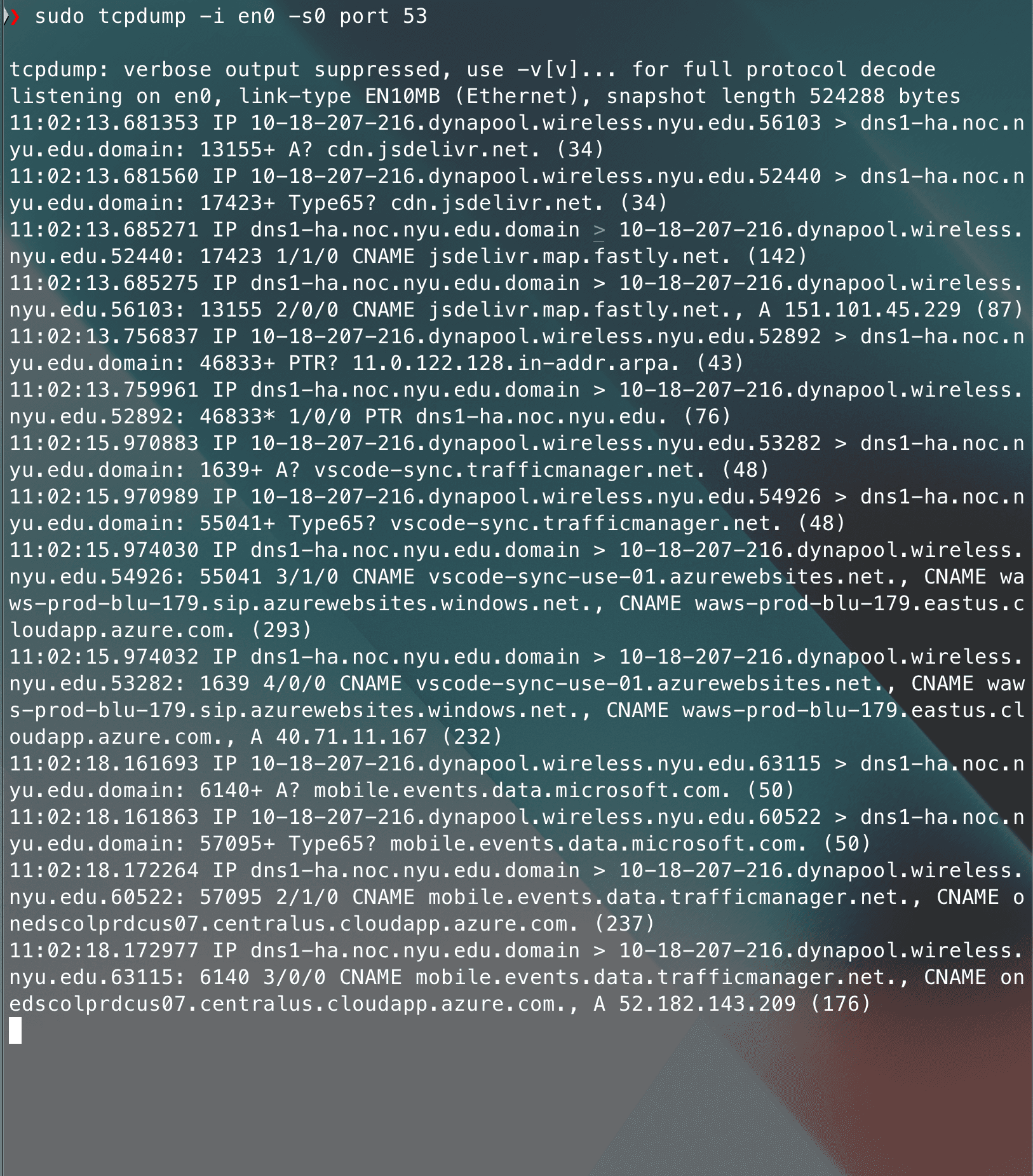 tcpdump on en0 showing queries to NYU campus resolver dns1-ha.noc.nyu.edu