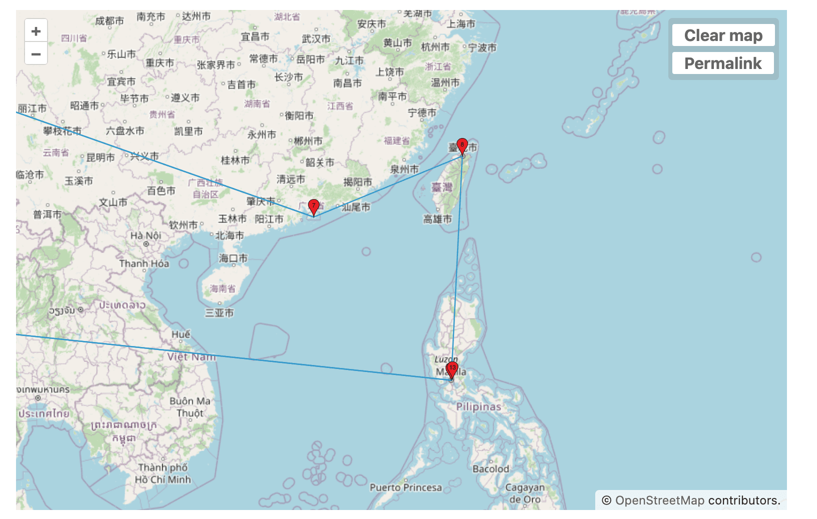 Regional East Asia routing hops between Hong Kong, Taipei, and Manila