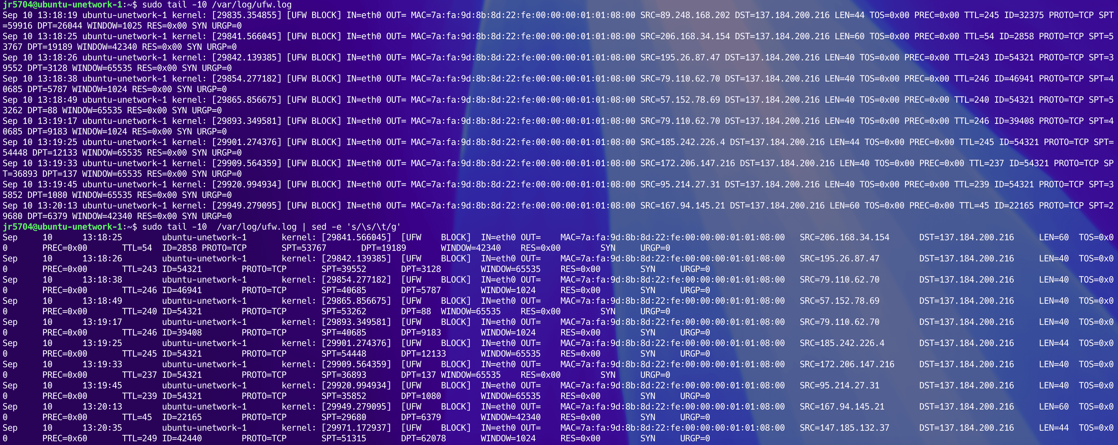 Parsing UFW BLOCK entries in /var/log/ufw.log with sed