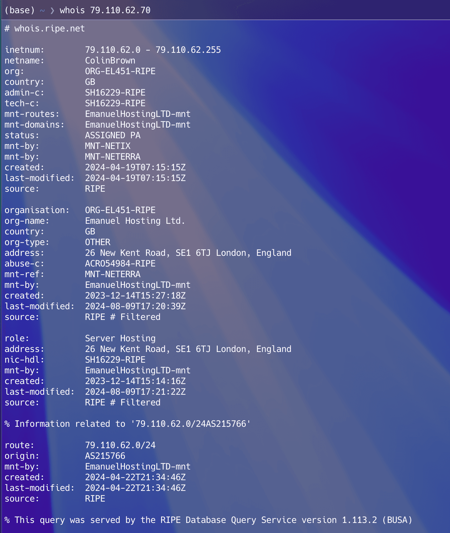 RIPE WHOIS output for 79.110.62.70